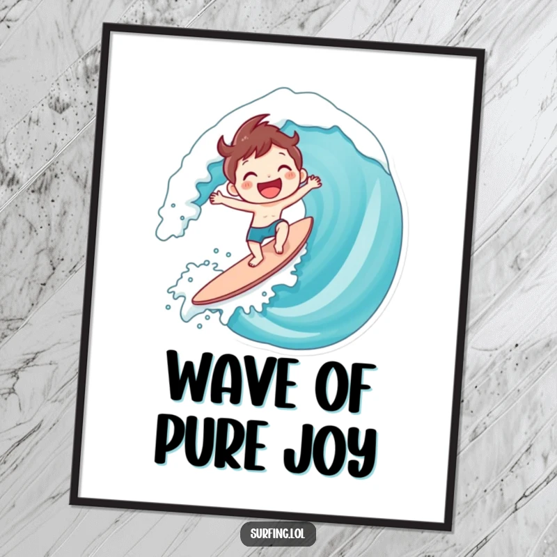 Funny Surfing Character Digital Art: Character joyfully riding a giant wave with a huge smile, perfect funny gift.