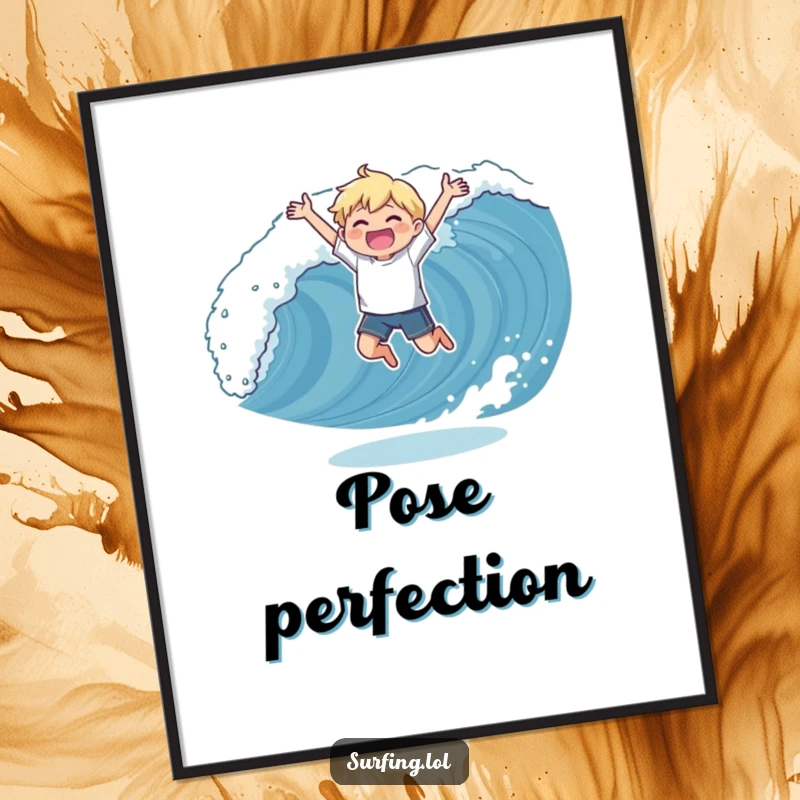 Funny digital art print of a character joyfully and triumphantly catching a surfing wave, perfect for instant download and energetic decor.