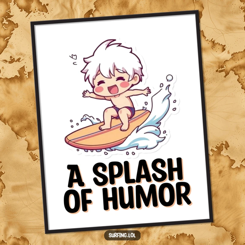 Funny Digital Art Print: A character with a wide smile hilariously wipes out on a surfboard, creating a comical scene.