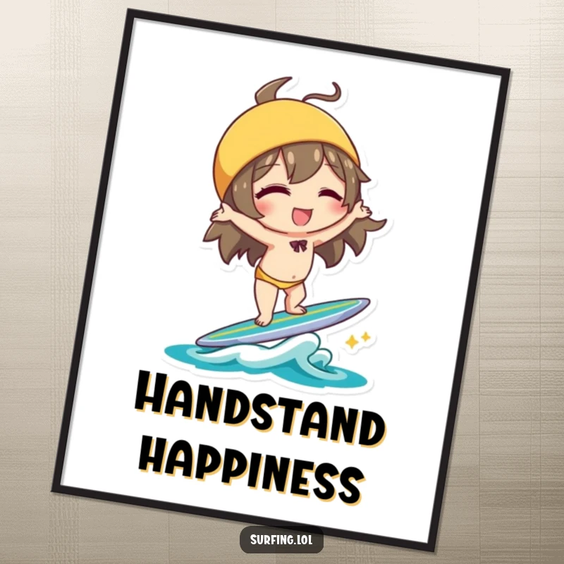 Funny Handstand Character Digital Art: Character winking and doing a handstand on a surfboard with playful balance, perfect funny gift.