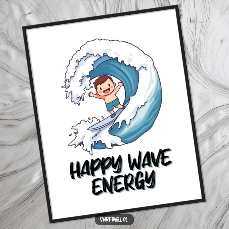 Funny Digital Art Print: Character joyfully surfing a massive wave adorned with a smiley face, a vibrant, humorous ocean scene.
