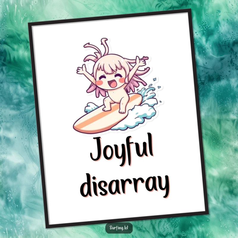 Funny Wipeout Kawaii Digital Art: Cute character comically wiped out on a surfboard, arms flailing joyfully, perfect funny gift.