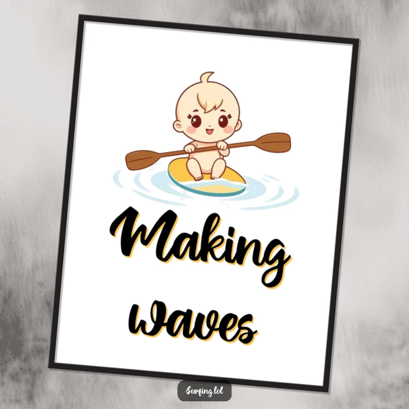 Funny digital art print of a cute character determinedly paddling through calm water, conveying energy and focus, instantly downloadable.