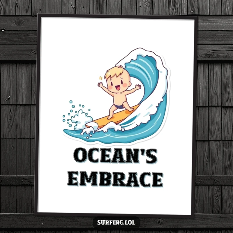 Funny digital art print of a charming figure doing a playful dance after successfully catching a powerful ocean wave.