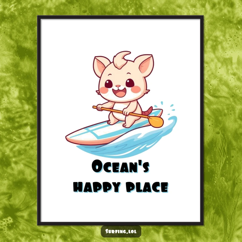 Funny digital art print of a sweet creature with a huge grin, gleefully paddling a surfboard on a bright day.
