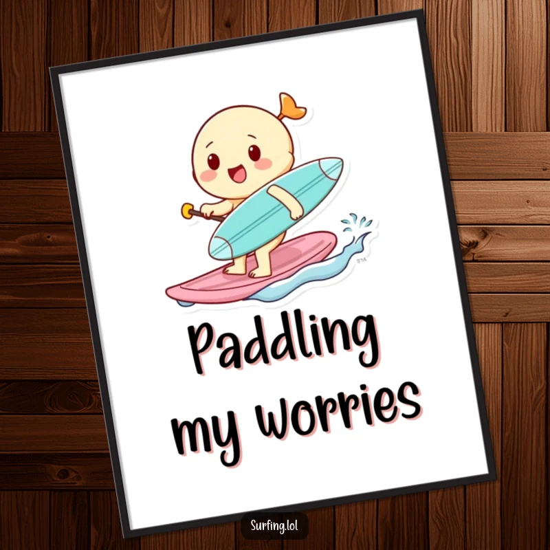 Funny digital art print of a cheerful character paddling hard with a tiny surfboard, perfect for decorating screens or printing as wall art.