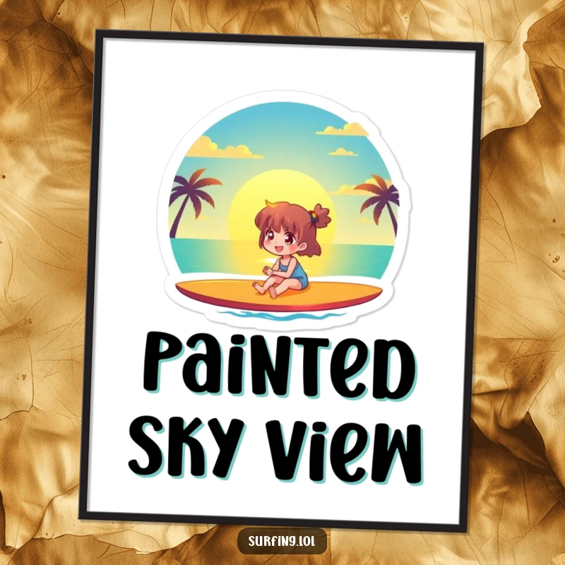 Funny digital art print of a joyful character watching a beautiful sunset from a surfboard, perfect for instant download and serene beach humor.