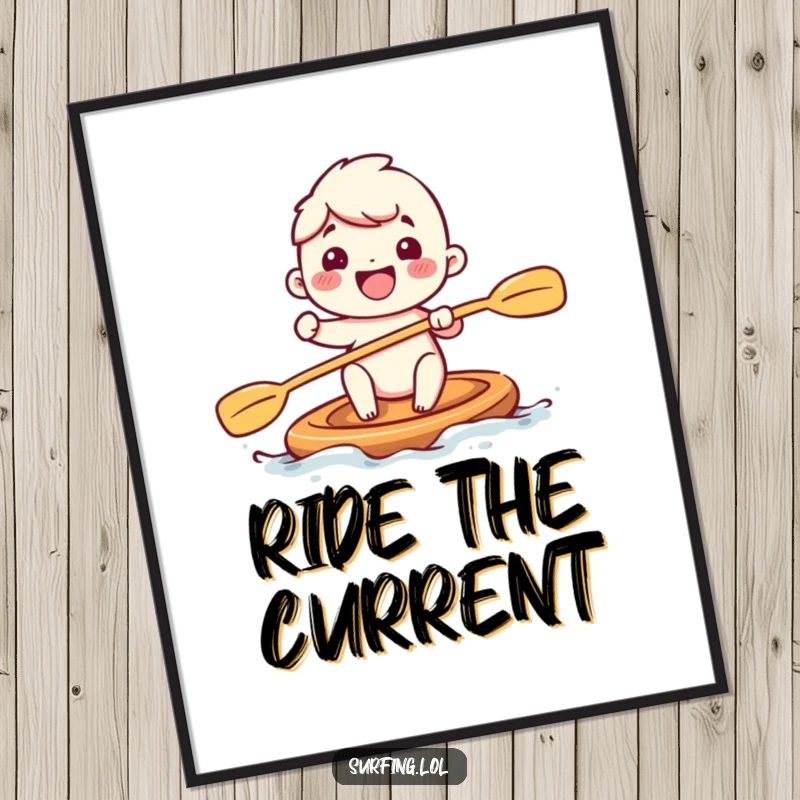 Funny digital art print of an adorable character enthusiastically paddling with large, cheerful strokes, embodying pure joy and boundless energy.