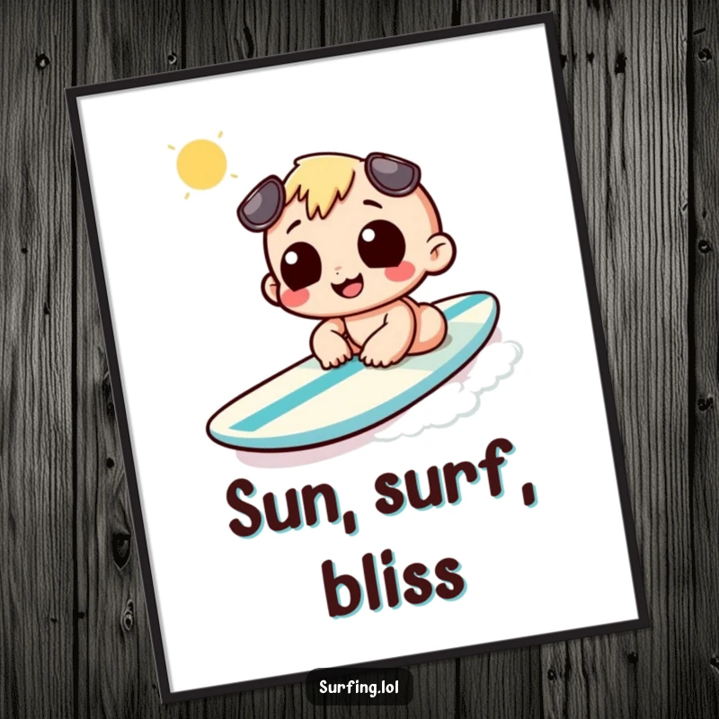 Funny digital art print of a character sunbathing on a surfboard, radiating relaxation and sunny humor for instant decor.