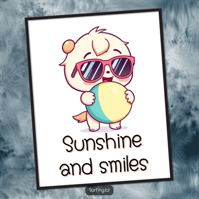 Funny digital art print of a kawaii character in sunglasses, gleefully holding a beach ball, capturing pure summer bliss.