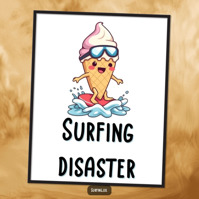 Funny ice cream cone character, melting dramatically, surfing a wave, comical splash, high-resolution digital art, humorous.