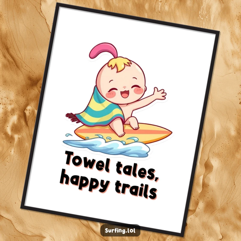 Funny joyful character playfully wiping across surfboard with a colorful towel, a humorous beach art print, a perfect funny gift.