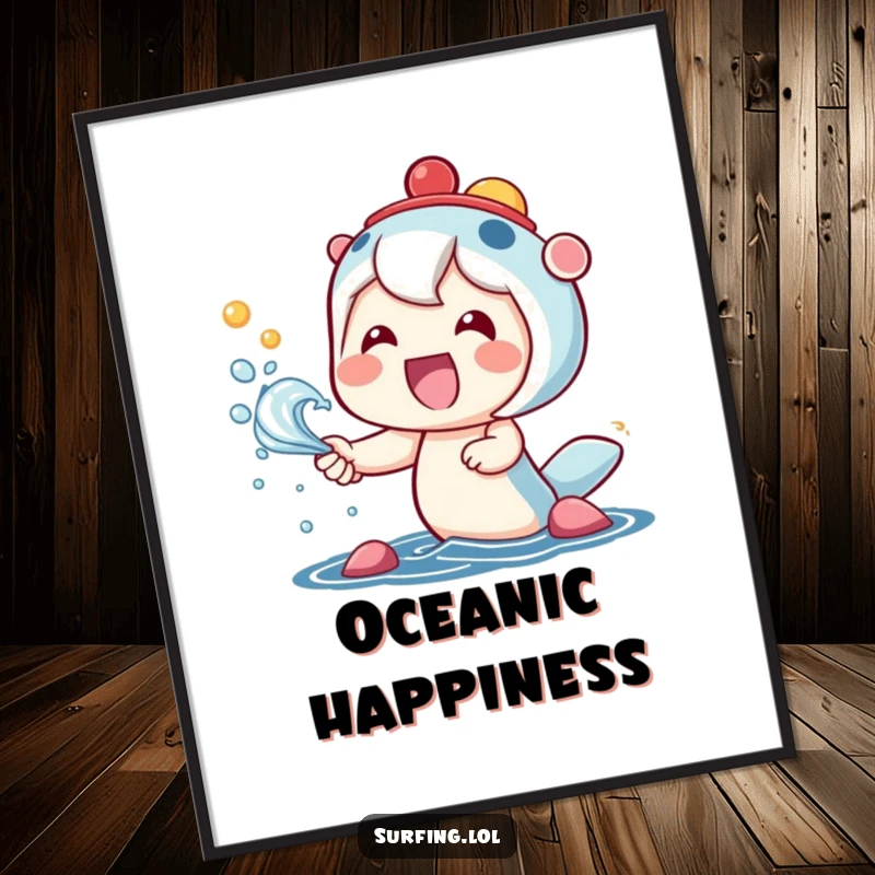 Funny digital art print of a kawaii character beaming with a wide smile, joyfully catching vibrant, colorful sea spray.