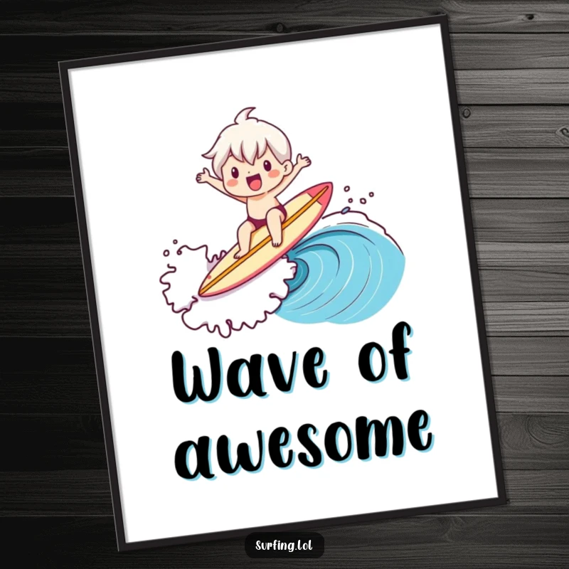 Funny digital art print of a cute character joyfully riding a massive wave, expertly balanced on a surfboard with pure stoke.