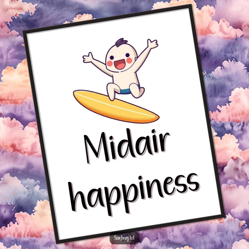 Funny digital art print of a tiny character joyfully leaping off a surfboard mid-air, captured in an energetic, smiling pose.