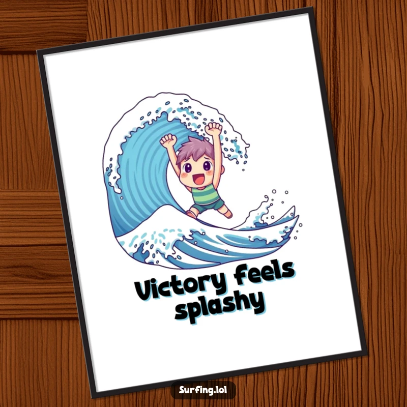 Funny Digital Art Print: A character looks incredibly happy and triumphant while expertly surfing a massive, successful ocean wave.