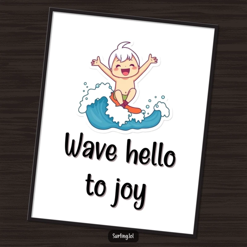 Funny Digital Art Print: A character embodying pure happiness rides a surfboard majestically on a large, joyful ocean wave.