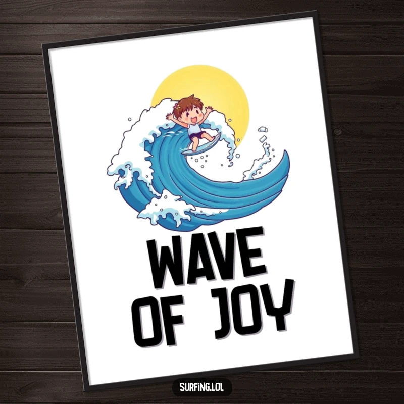 Funny digital art print of a cute character surfing a massive sunny wave, perfect for instant, funny beach-themed decor.