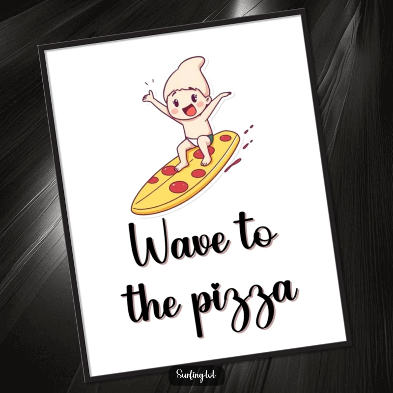 Funny digital art print of a character joyfully riding a giant pizza slice surfboard, perfect for instant download and festive, humorous decoration.