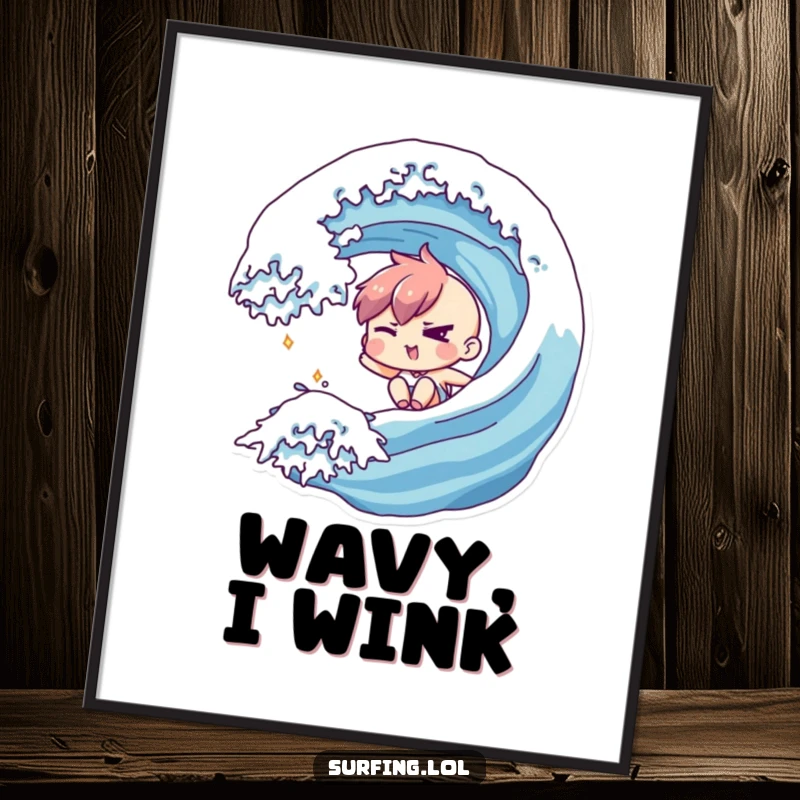 Funny digital art print of a character winking mischievously while sliding down a wave, capturing dynamic surf energy.