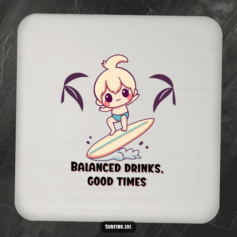 Funny drink coaster featuring a character attempting to balance on a surfboard with another surfboard, adding humor and protecting furniture.