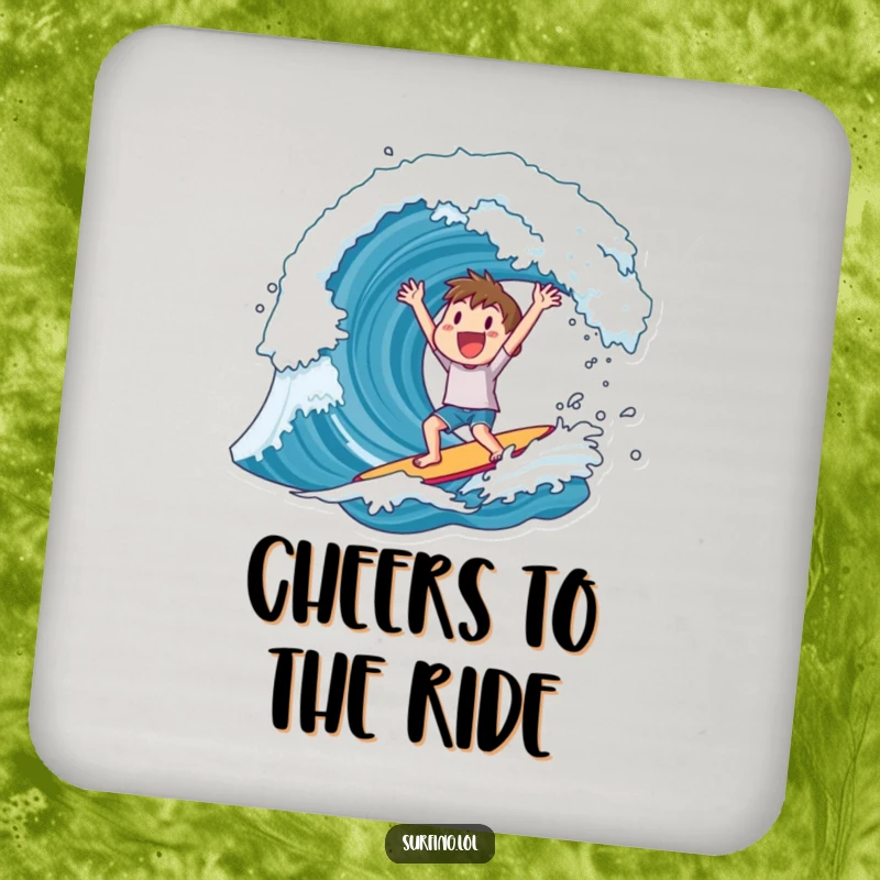 Funny drink coaster featuring a character cheering after riding a huge wave, adding celebratory fun.