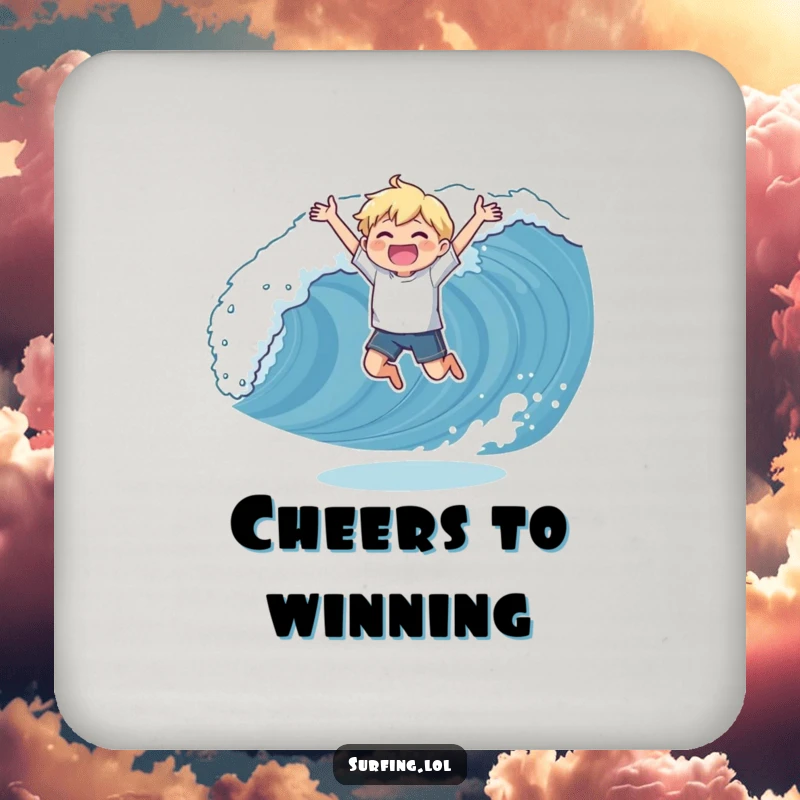 Funny drink coasters showing a character's triumphant pose catching a wave, adding a splash of joy and protecting surfaces.
