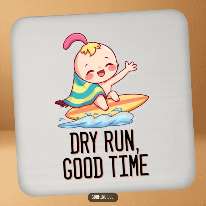 Funny joyful character playfully wiping across surfboard with a colorful towel on drink coasters, adding humor to tables, a funny gift.