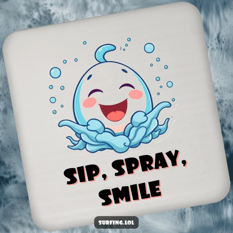 Funny coaster showing a bubbly icon laughing with sea spray, perfect for adding funny charm to any surface.