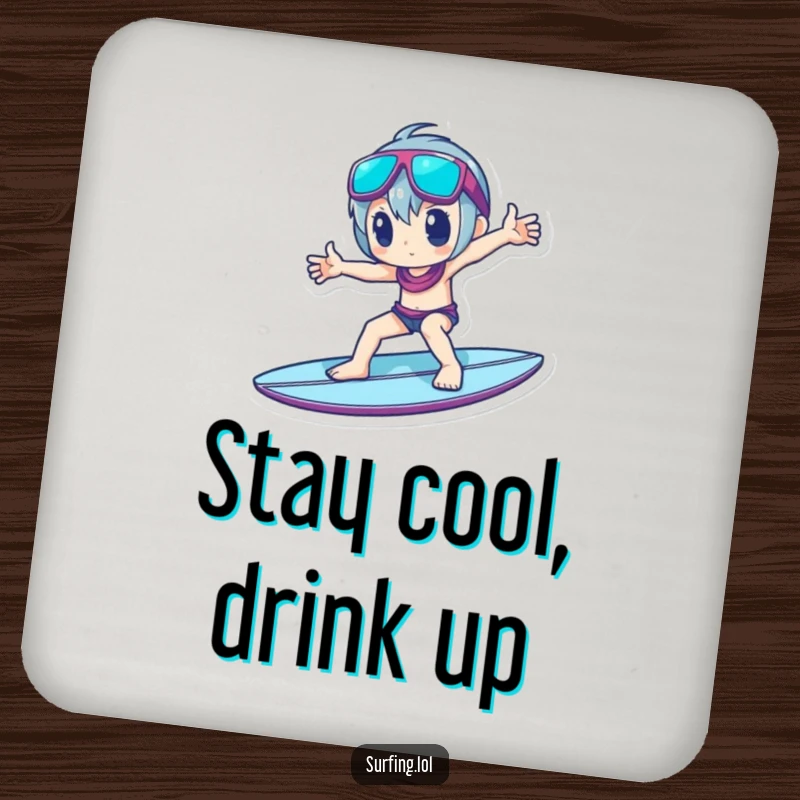 Funny Coaster: Illustration of a character striking a cool pose on a surfboard, adding humor to surface protection.