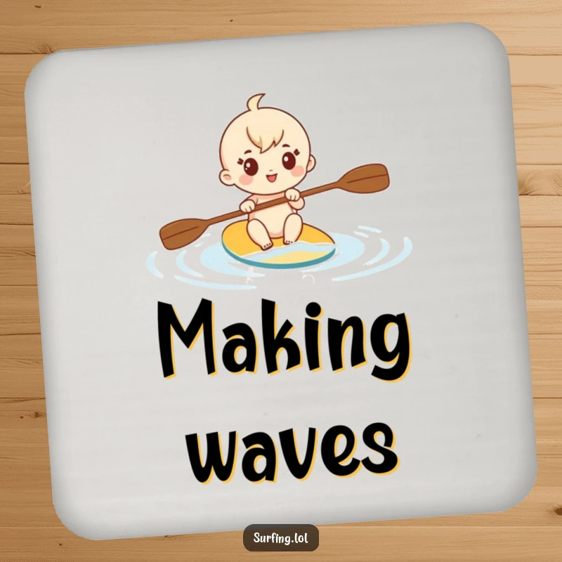 Funny drink coaster featuring a cute character enthusiastically paddling through calm water with a determined look, adding charm to surfaces.