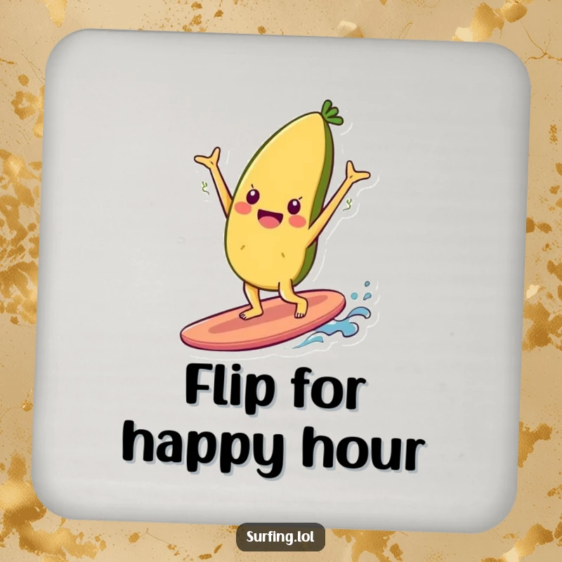 Funny drink coaster featuring a cheerful food item character doing a handstand on a surfboard, adding humorous protection to tables.