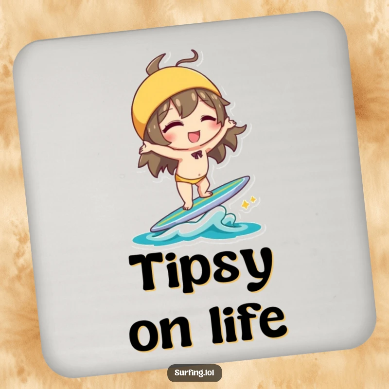 Funny Handstand Character Coasters: Character winking and doing a handstand on a surfboard with playful balance, perfect funny gift.