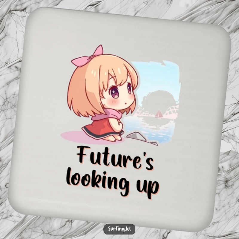 Funny drink coasters showing a character looking at a distant shore with hope, protecting tables with inspirational humor.
