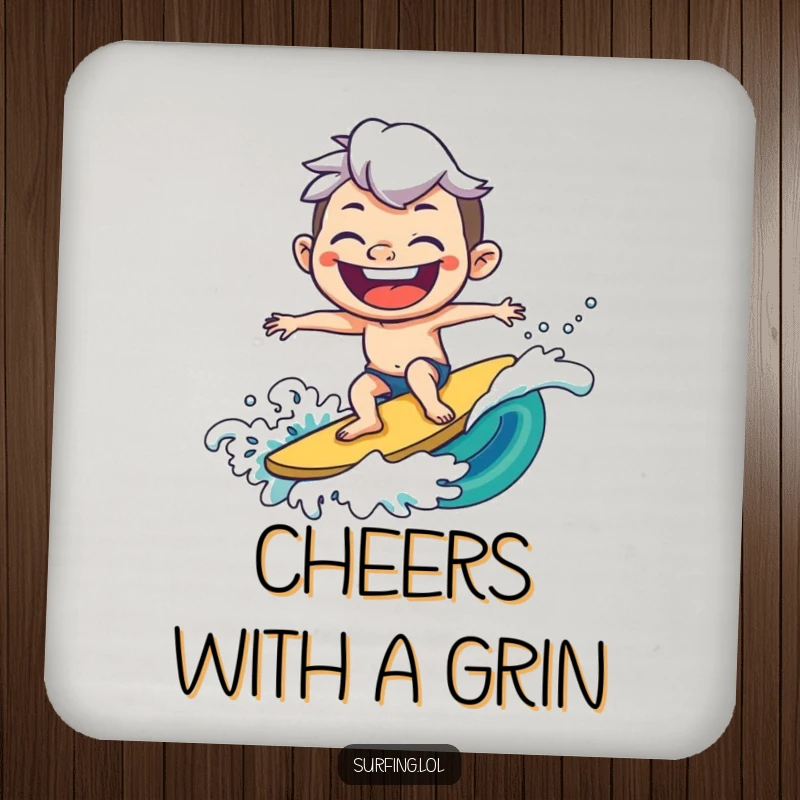 Funny drink coaster featuring a joyful character surfing a wave with an exaggerated goofy grin, adding humor and protecting furniture.
