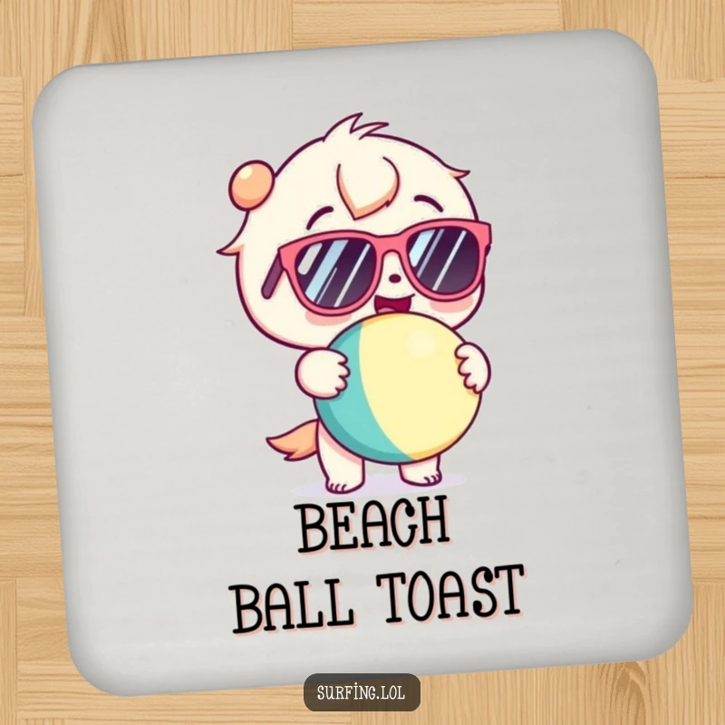 Funny drink coaster with a kawaii character in sunglasses, gleefully holding a beach ball, perfect for beach-themed decor.