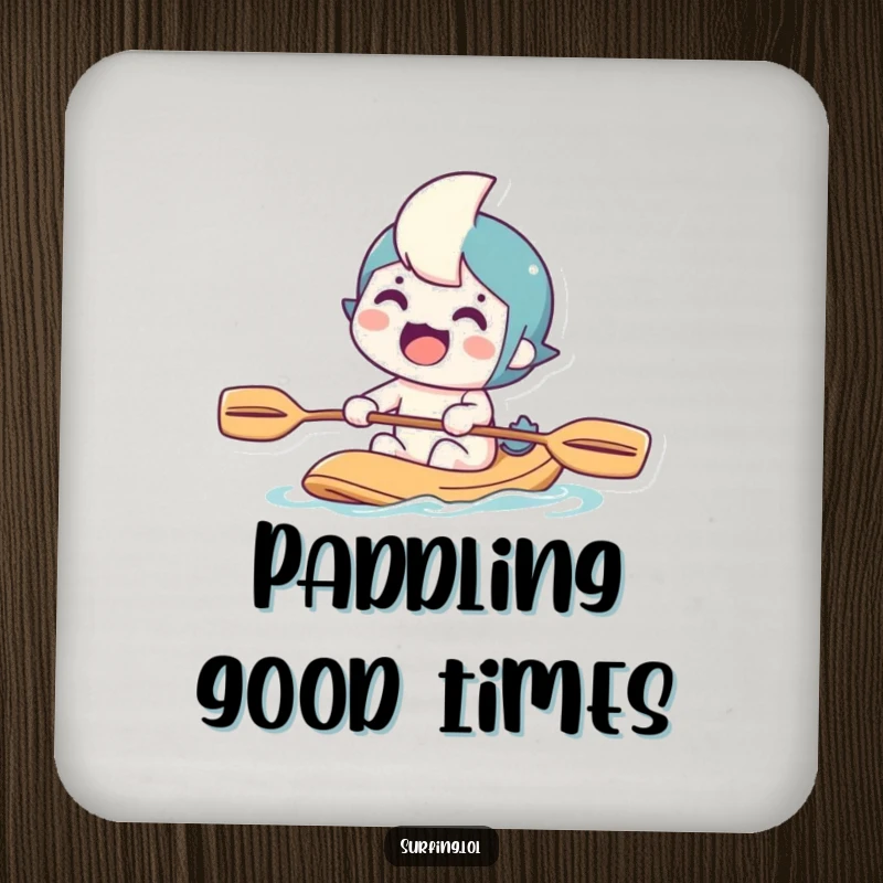 Funny drink coaster with a determined paddling character, protecting surfaces with a humorous and adventurous vibe.