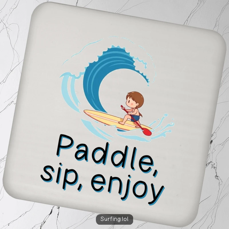 Funny Coaster: Illustration of a happy character paddling a surfboard towards a breaking wave, adding a humorous touch.