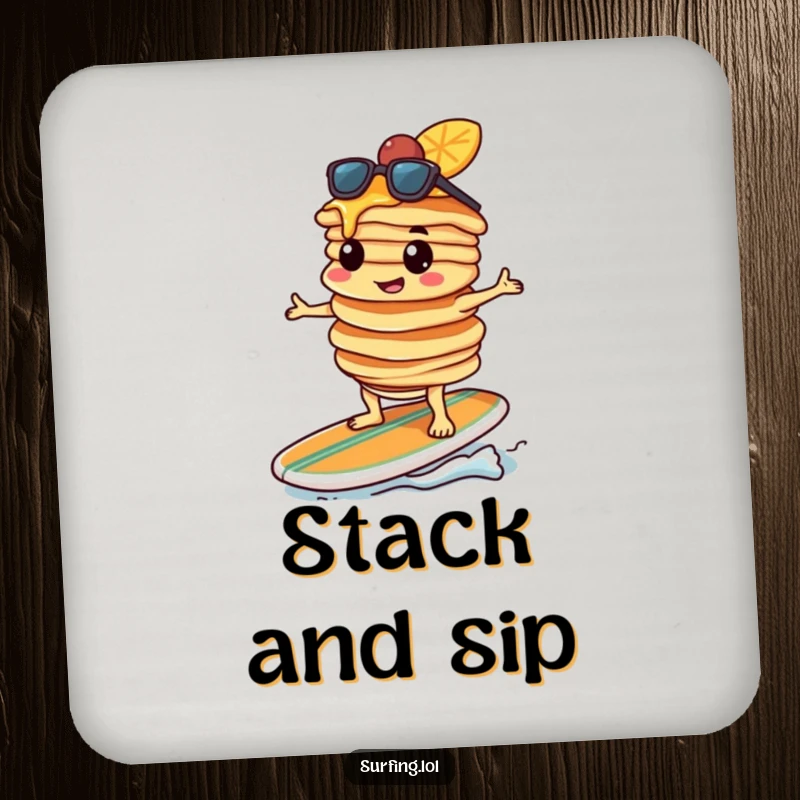 Funny pancake character, determined, balancing pancakes on a surfboard, protecting a drink, humorous coaster design.