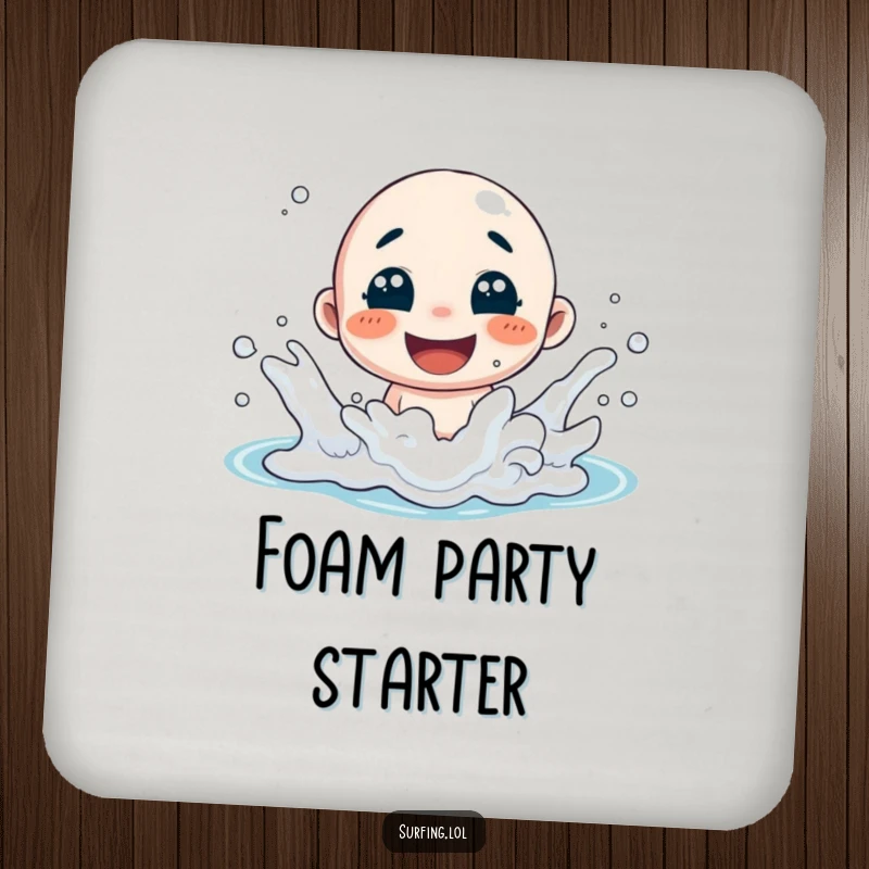 Funny drink coasters featuring a character playfully splashing in ocean foam with a wide smile, adding joy and protecting surfaces.