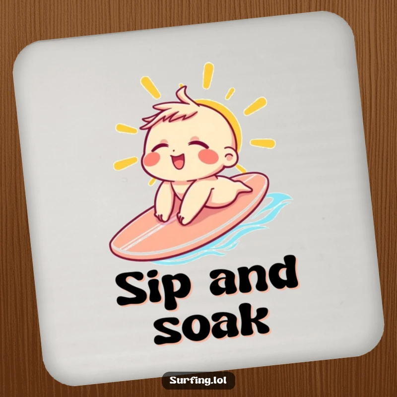 Funny Sunbathing Character Coasters: Small character sunbathing on a surfboard with eyes closed and a relaxed grin, perfect funny gift.