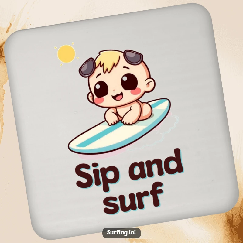 Funny drink coasters showing a character sunbathing on a surfboard, protecting tables with a relaxed and humorous beach theme.