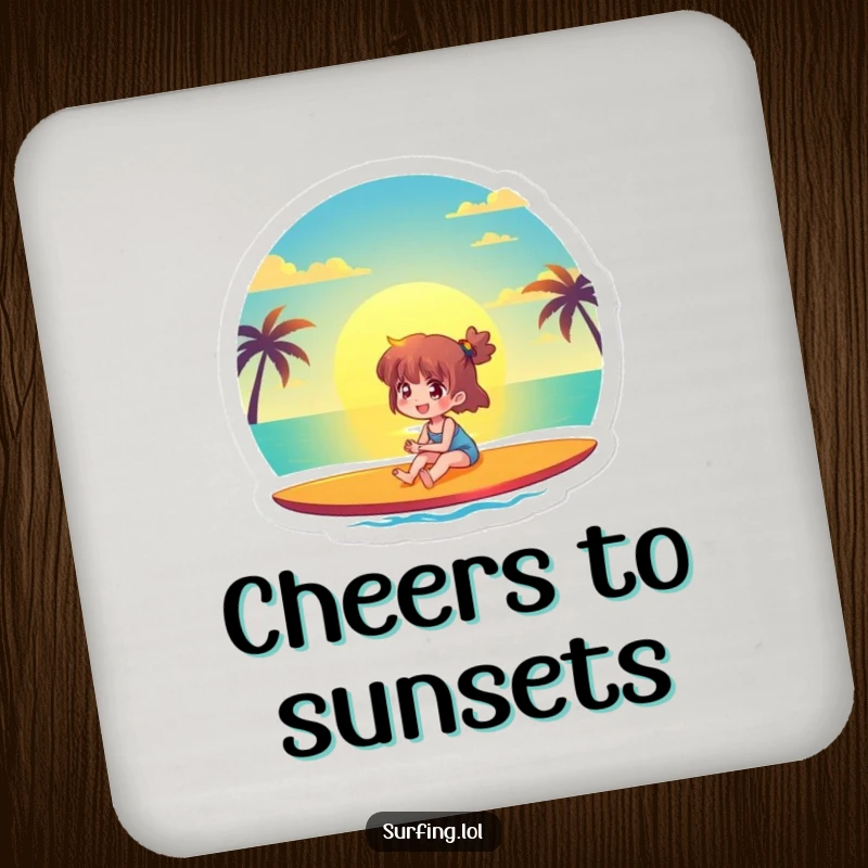 Funny drink coasters featuring a joyful character watching a beautiful sunset from a surfboard, protecting tables with serene beach humor.