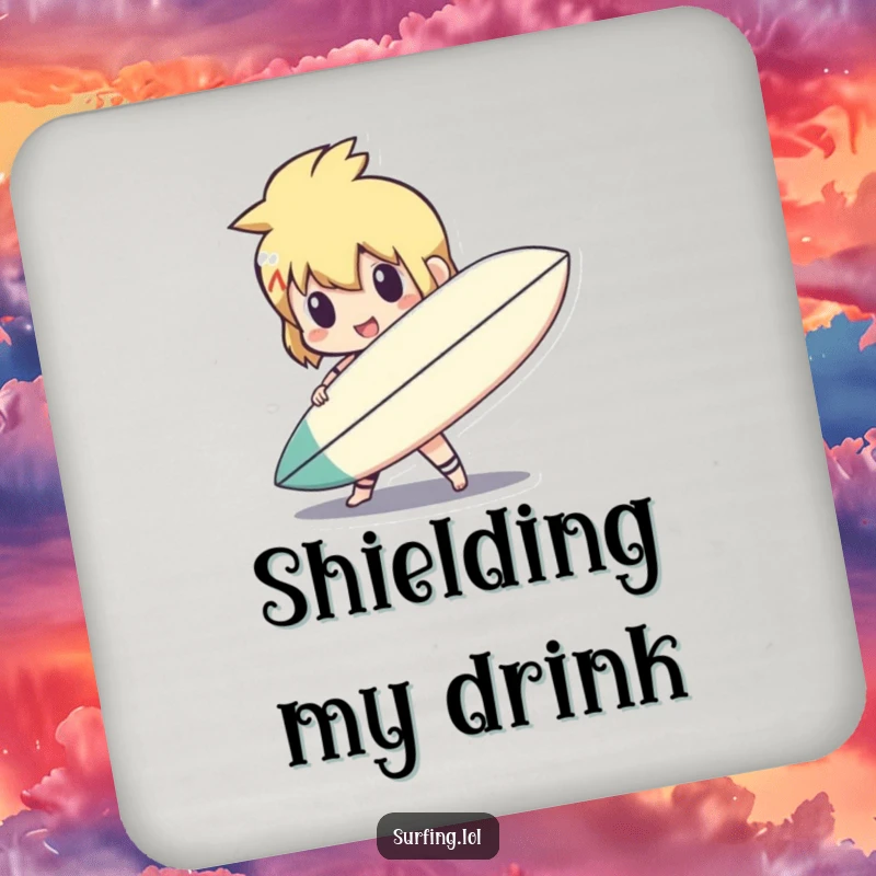 Funny cute character holding a surfboard like a shield on drink coasters, adding heroic humor, a funny gift.