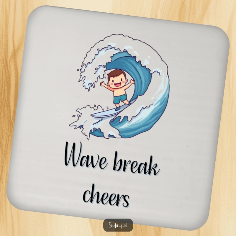Funny Coaster: Character joyfully surfing a massive wave adorned with a smiley face, adding humorous beach fun to drink protection.