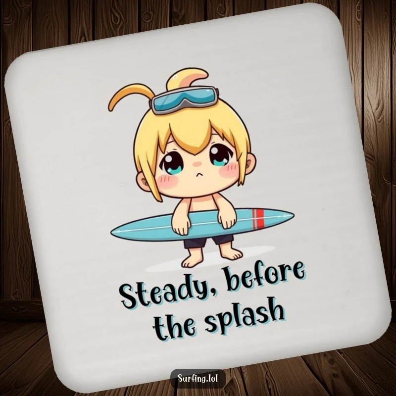 Funny coaster depicting a character concentrating while balancing a surfboard on their nose.