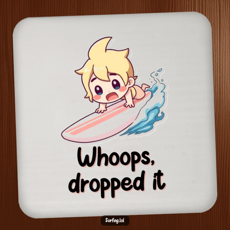 Funny coaster depicting a character diving headfirst off a surfboard with a surprised gasp.