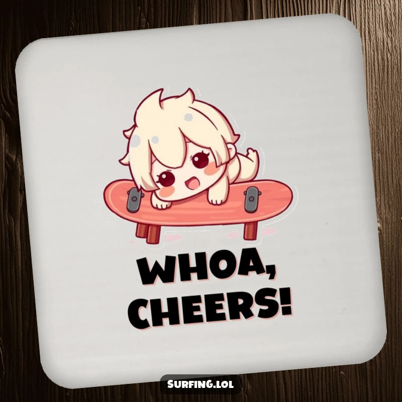 Funny drink coasters featuring a character comically losing balance on a surfboard, protecting tables with humor and playful design.