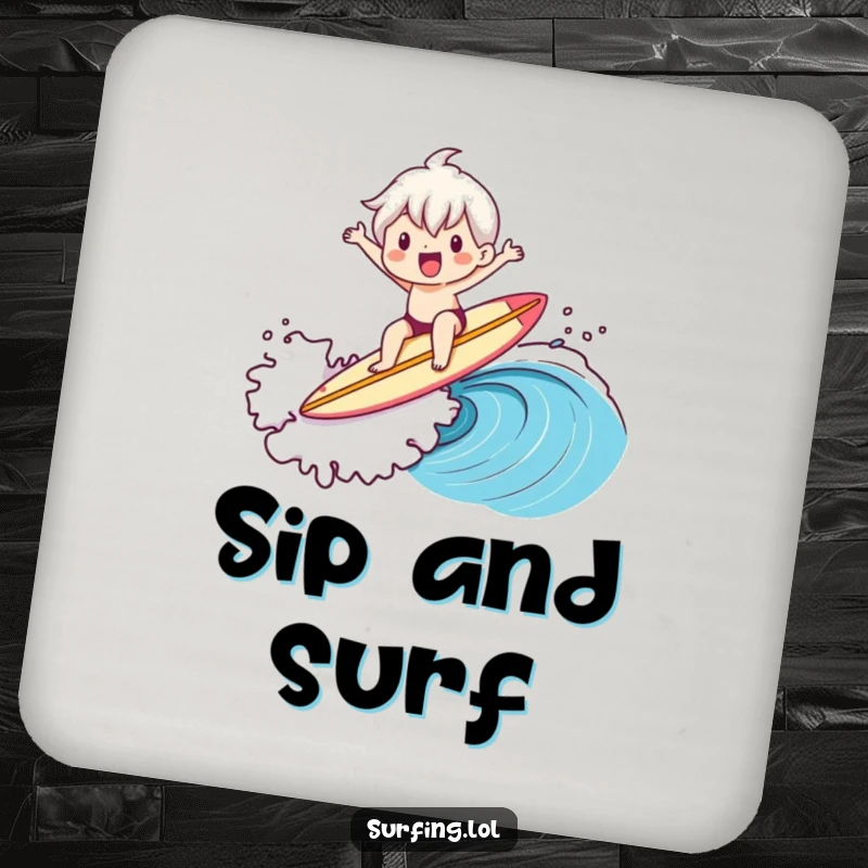 Funny drink coaster featuring a cute character enthusiastically riding a large wave while balancing a surfboard with a joyful expression.