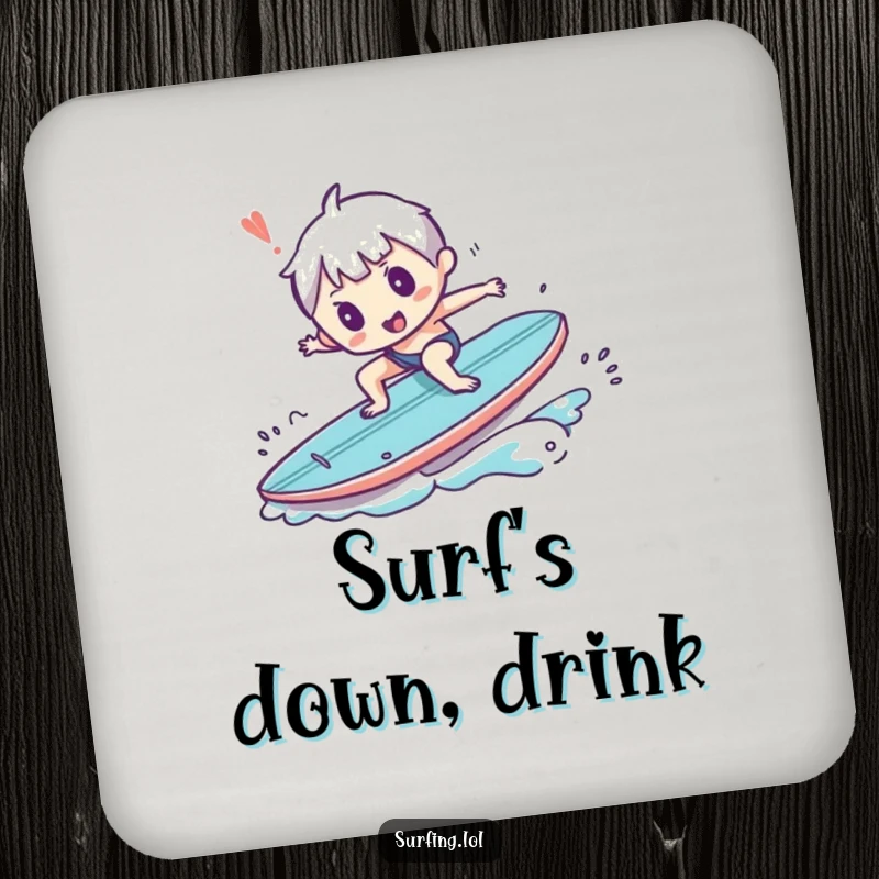 Funny drink coaster with a small character comically tripping on a surfboard, a humorous accessory for tables.